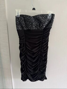 Wishes Wishes Wishes Black Strapless Ruched Cocktail Dress with Sequin Top